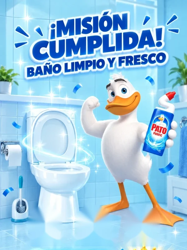 Pato celebra junto al sanitario limpio.